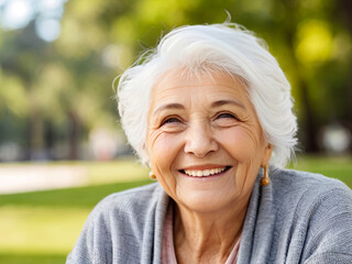 The white-haired old woman smiled happily. Take care of your mental health. In a public park. copyscap