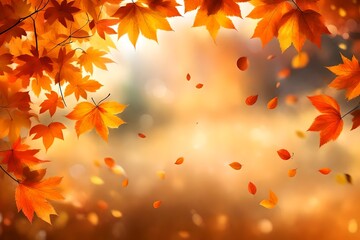 Naklejka na ściany i meble Branch of bright autumn maple foliage, Autumn weather. Panorama. Orange leaves on a blurred background. Autumn leaf frame template. Autumn leaves swirl in the sunlight. Warm colors of autumn