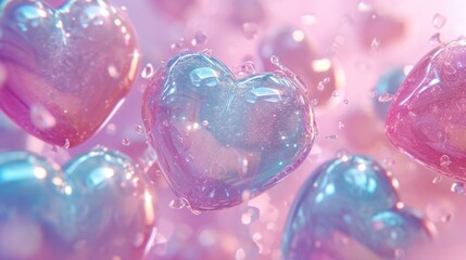  a group of heart shaped bubbles floating on top of a pink and blue liquid filled air filled with air bubbles. - obrazy, fototapety, plakaty