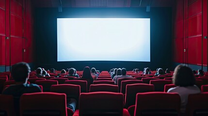 Obraz premium Cinema blank wide screen and people in red chairs in the cinema hall. Blurred People silhouettes watching movie performance