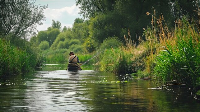 Catch fish in the corf on the river in summer.