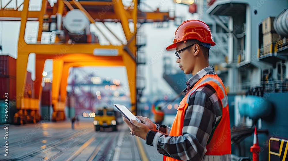 Aufkleber engineer wearing uniform inspection and see detail on tablet with logistics container dock cargo yar