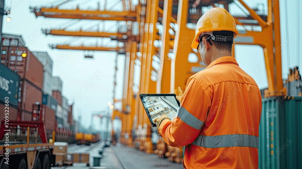 Aufkleber engineer wearing uniform inspection and see detail on tablet with logistics container dock cargo yar