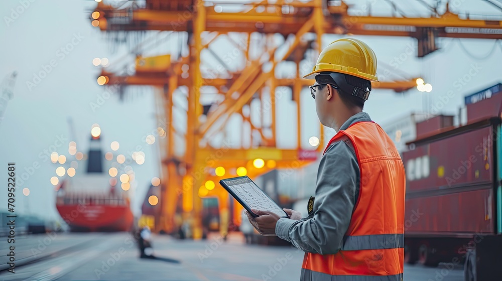 Aufkleber engineer wearing uniform inspection and see detail on tablet with logistics container dock cargo yar