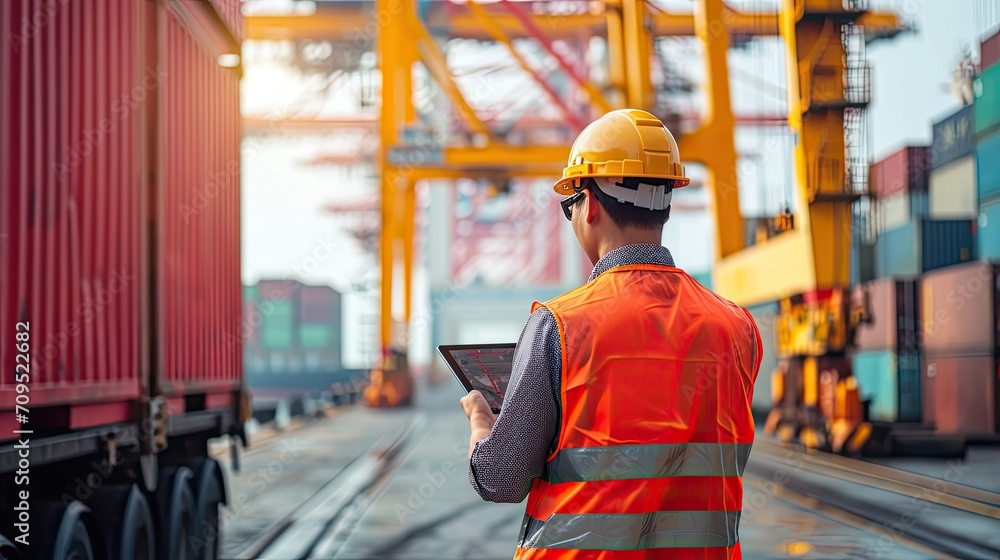 Aufkleber engineer wearing uniform inspection and see detail on tablet with logistics container dock cargo yar