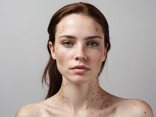portrait of women's face and body from illness, mosquito bites, roseola, rubella, measles | red dot on the skin |skin rashes