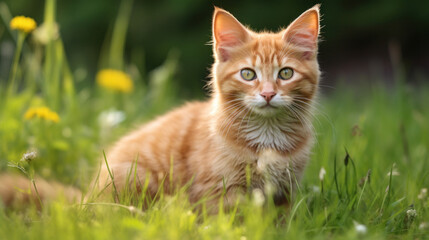 A cute ginger kitten with striking green eyes is nestled in lush green grass, looking curiously at the camera.
