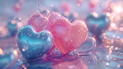  a couple of heart shaped balloons sitting on top of a puddle of water with drops of water on top of them.