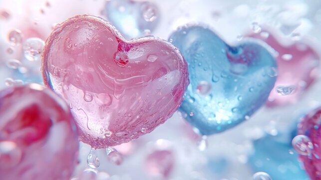  a close up of a heart shaped object in the air with water droplets on the surface and a pink and blue heart in the middle of the picture.
