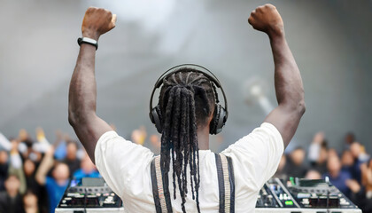 Facing back african american dj cheering the audience in an open air club party. - obrazy, fototapety, plakaty