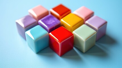  a group of multicolored cubes sitting on top of each other on a light blue surface in front of a blue background.