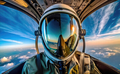 Portrait of a military fighter jet pilot in cockpit with helmet.