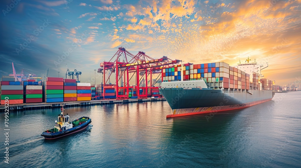 Wall mural logistics and transportation of container cargo ship and cargo plane with working crane bridge in sh