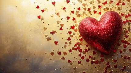  a red heart sitting on top of a table next to a wall covered in red and gold confetti.