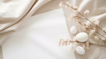 A serene composition featuring white eggs and delicate cotton flowers on a draped beige fabric, offering a sense of calm.