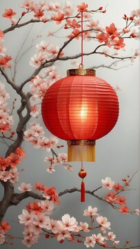 Illustration, postcard, pattern: cherry blossom branches and Chinese lanterns. Chinese holidays. Chinese New Year.