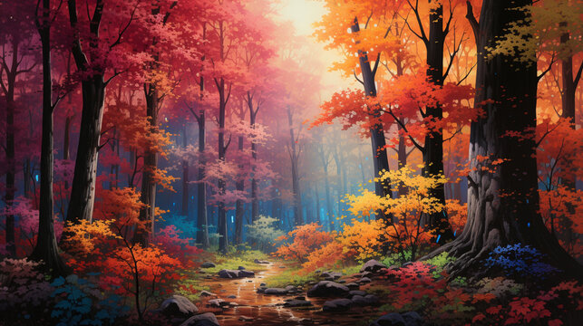 An image of a forest with trees that have luminous, colorful leaves.
