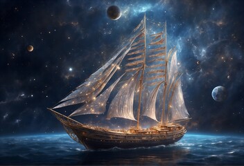 In the depths of the cosmos, a captivating satellite schooner floats amidst the celestial expanse. This otherworldly vessel, depicted in a stunning digital painting, exudes charisma and charm.