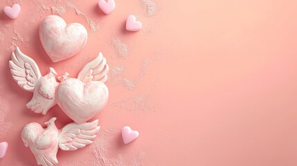  a pink background with hearts and two angel figurines on the left and a pink background with hearts and two angel figurines on the right.