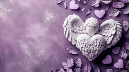  a sculpture of a heart with wings surrounded by leaves and hearts on a purple background with a spray of paint.