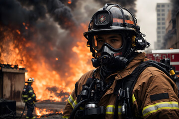 A portrait of a firefighter with his equipments