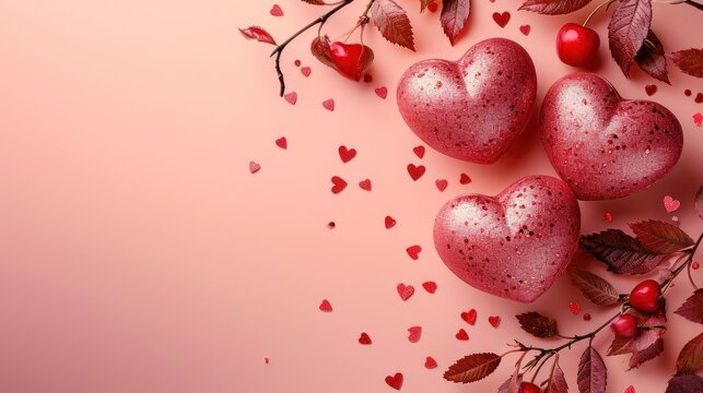 three hearts surrounded by leaves and hearts on a pink background with leaves and hearts on the left side of the image.