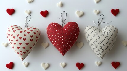  three hearts are hanging from a string on a white surface with hearts scattered around them and a string of red, white, and black hearts hanging from a string.