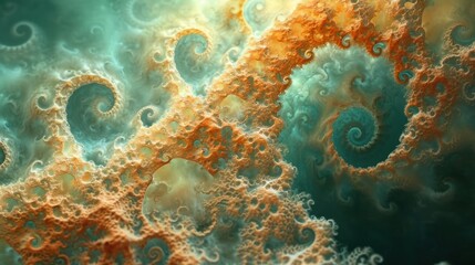  a close up of an abstract painting with orange and blue swirls on a teal green and yellow background.