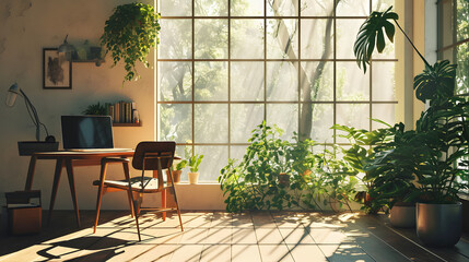 Modern Minimalist Home Office, Cozy and Bright, generative ai