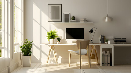 Modern Minimalist Home Office, Cozy and Bright, generative ai