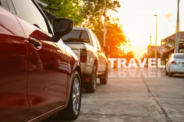 Foto op Canvas close up car on street automotive roadtrip on sunset background for transport, travel of nature to vehicle auto landscape light the sun for travel journey trip summer and lifestyle 2024 © OATZ TO GO FACTORY