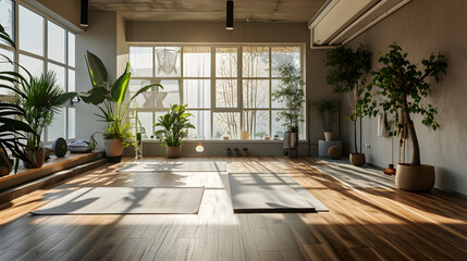 Serene Yoga Session, Bright Studio, Airy Atmosphere, Sunlight Through, generative ai