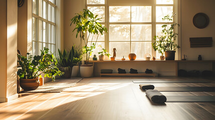 Serene Yoga Session, Bright Studio, Airy Atmosphere, Sunlight Through, generative ai