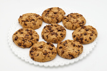 Cookies with chocolate chips isolated on white background.