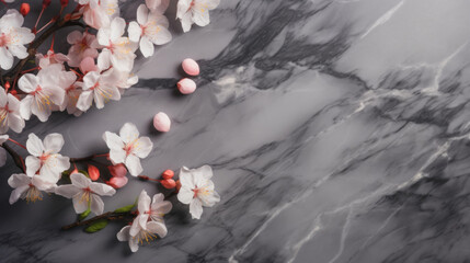 Cherry blossoms branch and pink candy scattered on a luxurious marble background, symbolizing spring's arrival.