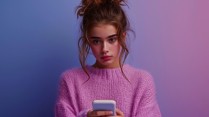  A young woman looks sad while gazing at her phone screen. A poignant moment capturing the complexities of modern emotions and digital interactions.