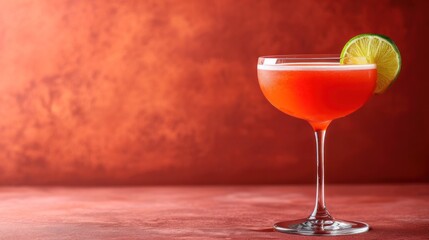  a close up of a drink in a glass with a lime garnish on the rim and a red wall in the background.