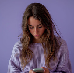  A young woman looks sad while gazing at her phone screen. A poignant moment capturing the complexities of modern emotions and digital interactions.