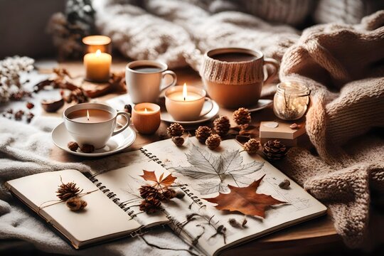 Cozy autumn or winter morning at home. Still life details with cup of tea, candle, sketch book with herbarium and warm sweater. Scandinavian hygge concept