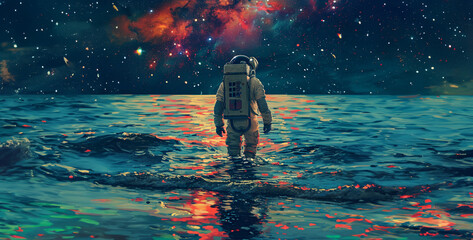 person in the water, person riding a horse in the rain, Spaceman and planet, human in space concept, - obrazy, fototapety, plakaty