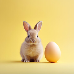 Fototapeta na wymiar Easter tan bunny with light brown egg on yellow. AI generated.