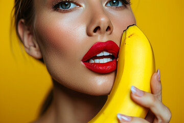 Sexy model woman with red lips make-up taking a bite from yellow banana with the fruit next to her beautiful face - obrazy, fototapety, plakaty