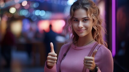 girl in a sweater Thumbs up twice with a bright expression Radiate positivity and convey a message of greatness. Suitable for a variety of visual projects.