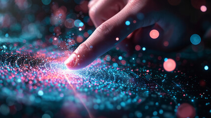 Hand touching a spinning data flow, data flow processing visualization background