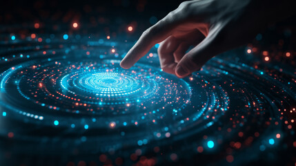 Hand touching a spinning data flow, data flow processing visualization background