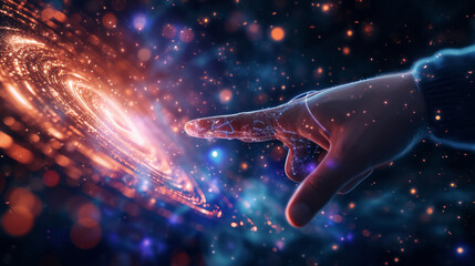 Hand touching a spinning data flow, data flow processing visualization background - obrazy, fototapety, plakaty