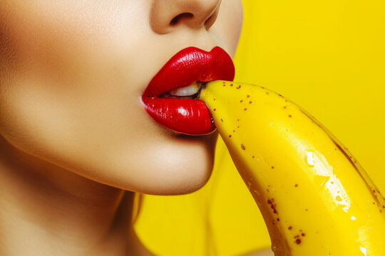 Sexy model woman with red lips make-up taking a bite from yellow banana with the fruit next to her beautiful face
