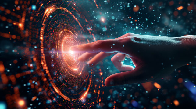 Hand touching a spinning data flow, data flow processing visualization background