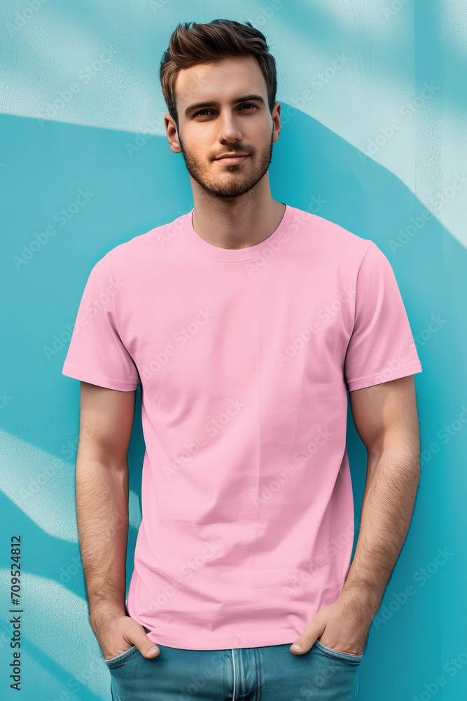 Wall mural Caucasian male model wearing a pink blank tshirt for man with blue background