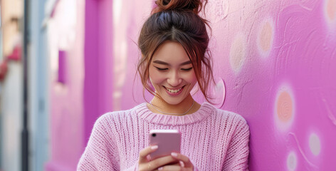 Under natural light The girl will radiate warmth and happiness. Her pink sweater complemented the bright smile on her face as she played on her phone. Capture modern moments of connection and happines